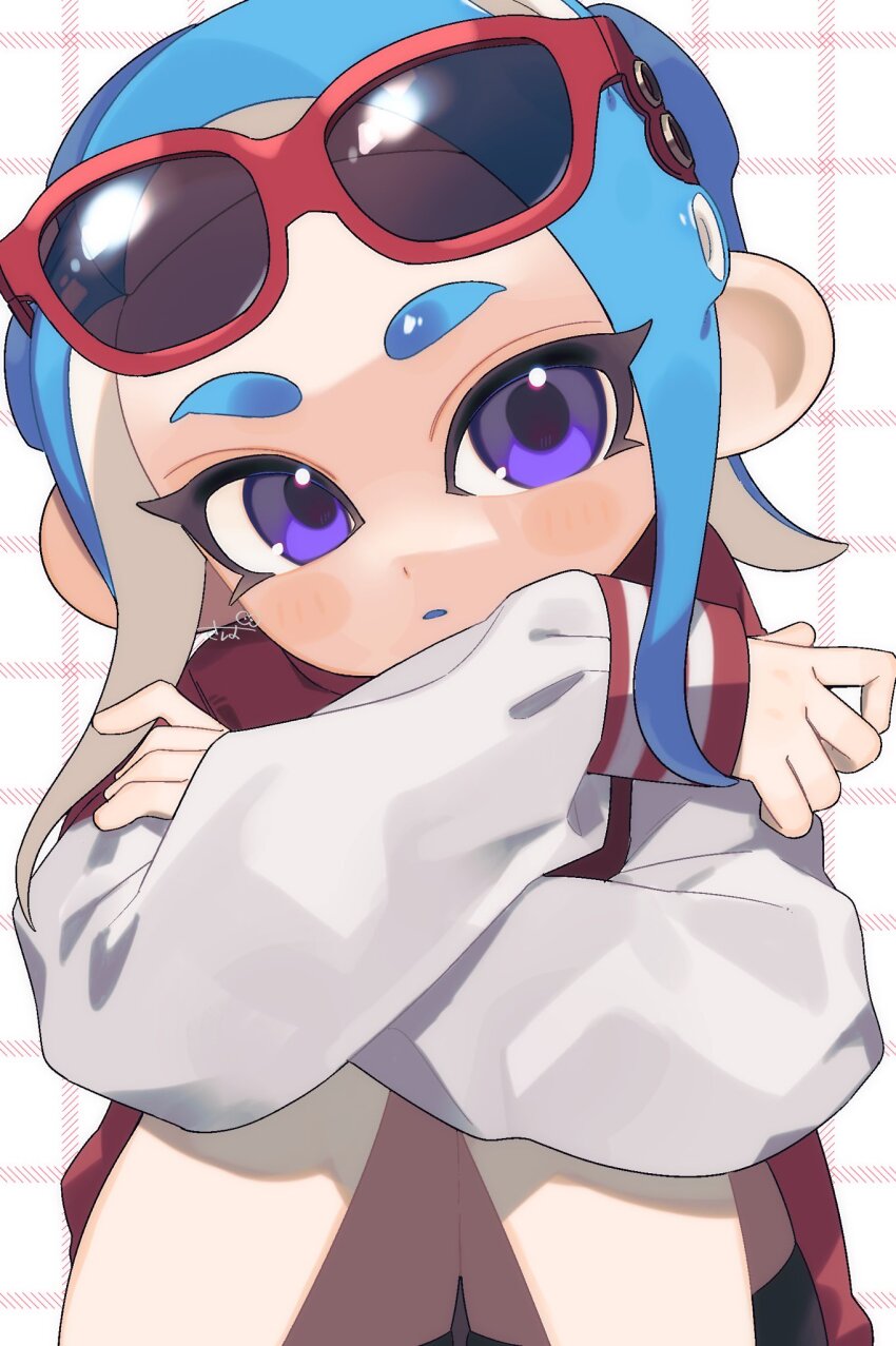 1girl blue_hair commentary crossed_arms eyelashes eyewear_on_head highres long_hair looking_at_viewer nintendo octoling octoling_girl octoling_player_character open_mouth purple_eyes red-framed_eyewear sabata_saba sitting sleeves_past_wrists solo splatoon_(series) splatoon_3 sunglasses symbol-only_commentary tentacle_hair thick_eyebrows white_background