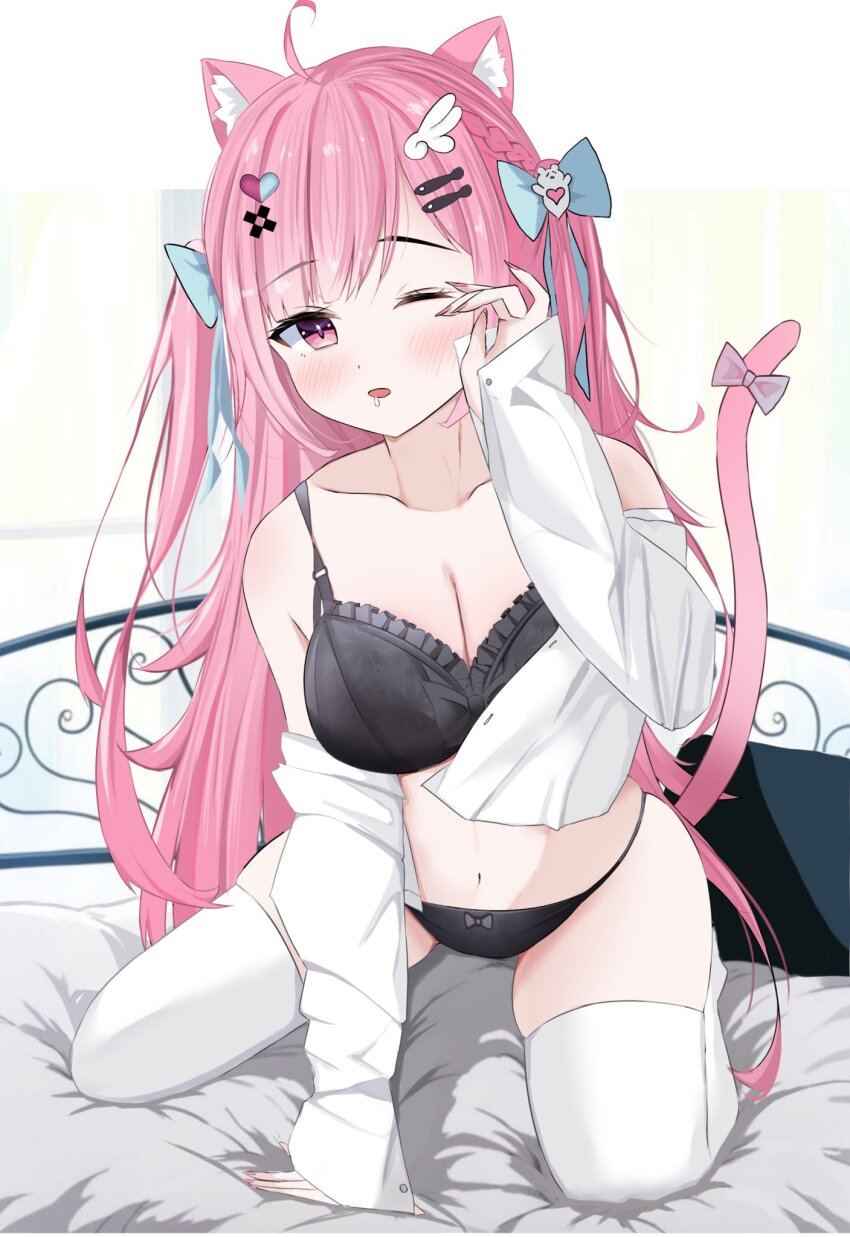 1girl ahoge animal_ears black_bra black_panties blue_bow blush bow bra breasts cat_ears cat_girl cat_tail fish_hair_ornament ghost_hair_ornament hair_bow hair_ornament hairclip heart heart_hair_ornament highres indie_virtual_youtuber large_breasts long_hair long_sleeves looking_at_viewer navel one_eye_closed open_mouth orange_san panties pink_bow pink_eyes pink_hair shirt simple_background sleeves_past_wrists solo stomach tail tail_bow tail_ornament thighhighs thighs two_side_up underwear virtual_youtuber white_background white_shirt white_thighhighs wing_hair_ornament yuuki_sakuna