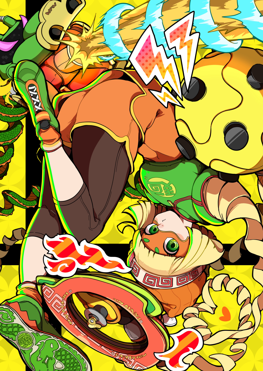 1girl @_@ absurdres arms_(game) beanie blonde_hair blush_stickers domino_mask dragon_(arms) energy fire full_body green_eyes hat heart highres leggings_under_shorts lightning_bolt_symbol mask megawatt_(arms) min_min_(arms) nintendo ramram_(arms) short_hair shorts solo thick_thighs thighs upside-down yellow_background