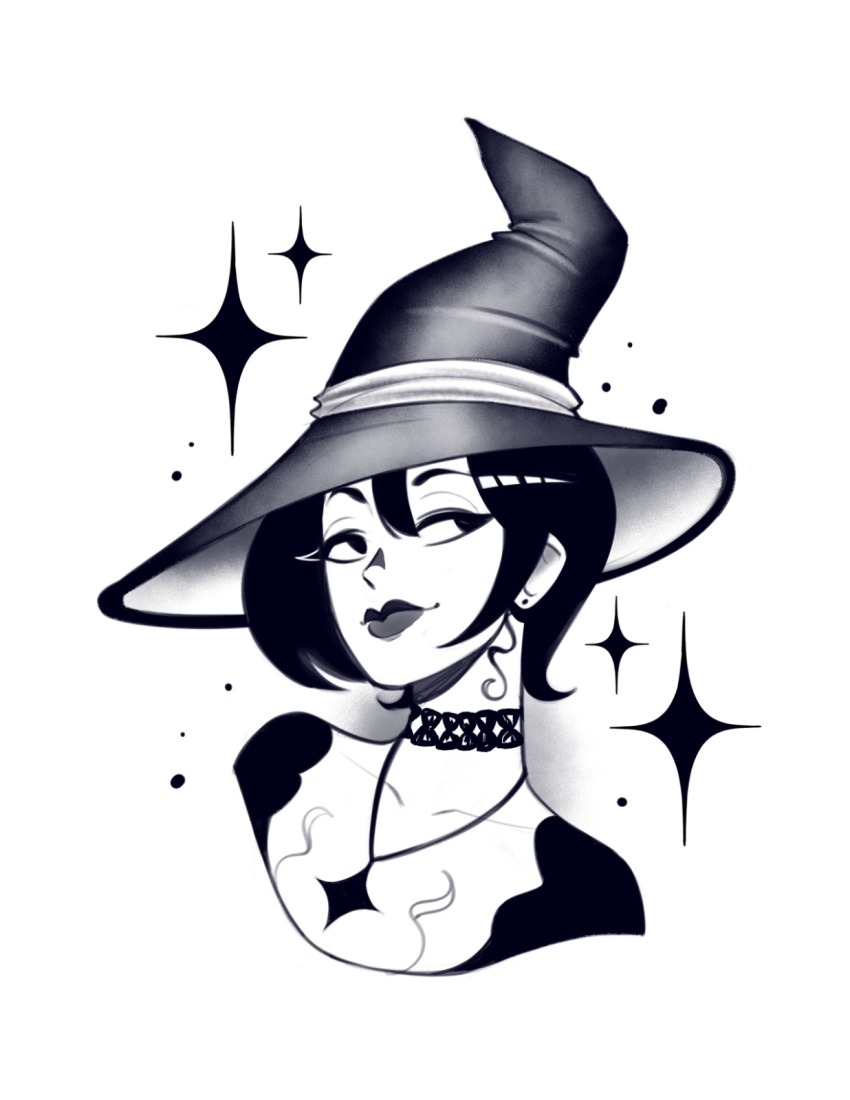1girl choker commentary greyscale hat highres jewelry joylewds lipstick makeup monochrome necklace original portrait short_hair smile solo sparkle_background witch_hat
