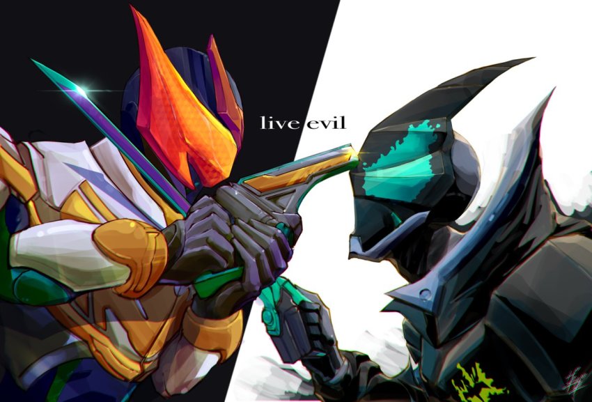 2boys armor bat_(animal) bat_genome black_vs_white commentary compound_eyes cowl darkness english_commentary english_text evilblade gauntlets gloves glowing glowing_eyes gun handgun helmet holding holding_gun holding_weapon honeycomb_(pattern) kamen_rider kamen_rider_evil kamen_rider_live kamen_rider_revice light livegun male_focus mask multiple_boys pistol reiwa rivalry rivalry signature simple_background solo stylistic visor weapon white_armor zagizagi zipper