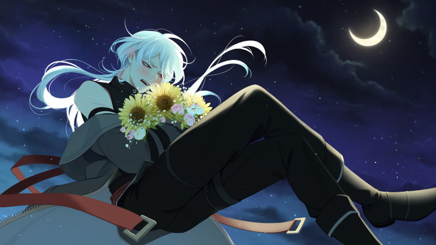 1boy :d a_date_with_death arm_on_own_leg averting_eyes belt black_clouds black_shorts blush bouquet crescent_moon crossed_legs fangs flower from_below grin hair_flowing_over highres holding holding_bouquet jacket jacket_partially_removed jellyfish_cut male_focus moon night night_sky non-web_source official_art open_mouth red_belt red_eyes rose scenery shorts sidelighting sky sleeveless sleeveless_turtleneck smile solo sparkling_eyes star_(sky) starry_sky sunflower teeth tulip turtleneck upper_teeth_only variant_set white_hair wolf_cut