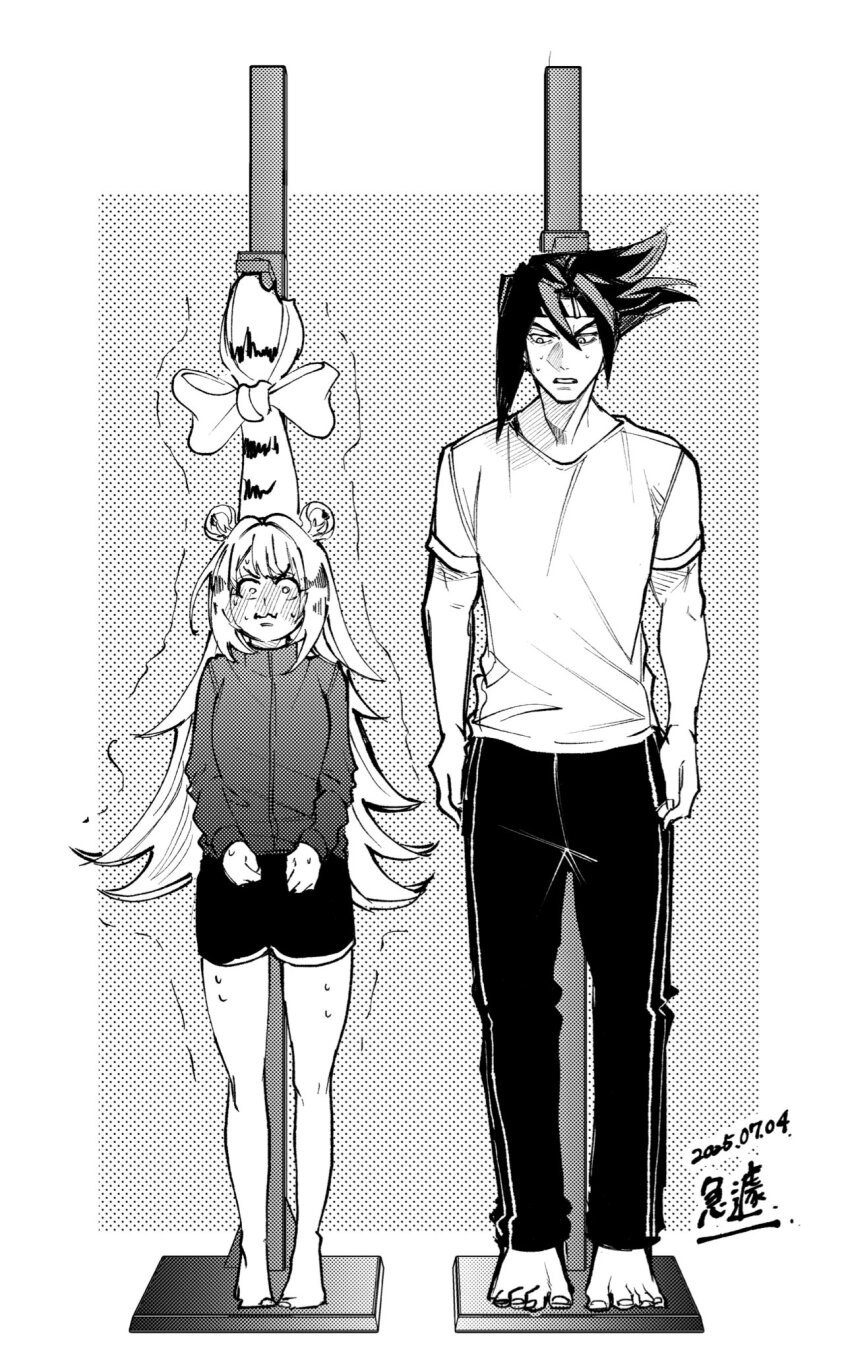 1boy 1girl animal_ears anton_ivanov arms_at_sides aruaruhizen117 barefoot blush bow cheating_(competitive) closed_mouth dated full_body gym_shorts headband height_conscious height_difference highres jacket ju_fufu long_hair long_sleeves long_tail looking_at_another measuring medium_hair multicolored_hair nose_blush open_mouth pants shirt short_sleeves shorts straight-on sweat tail tail_bow tail_ornament tiger_ears tiger_girl tiger_tail tiptoes toes track_pants trembling v-shaped_eyebrows very_long_hair zenless_zone_zero