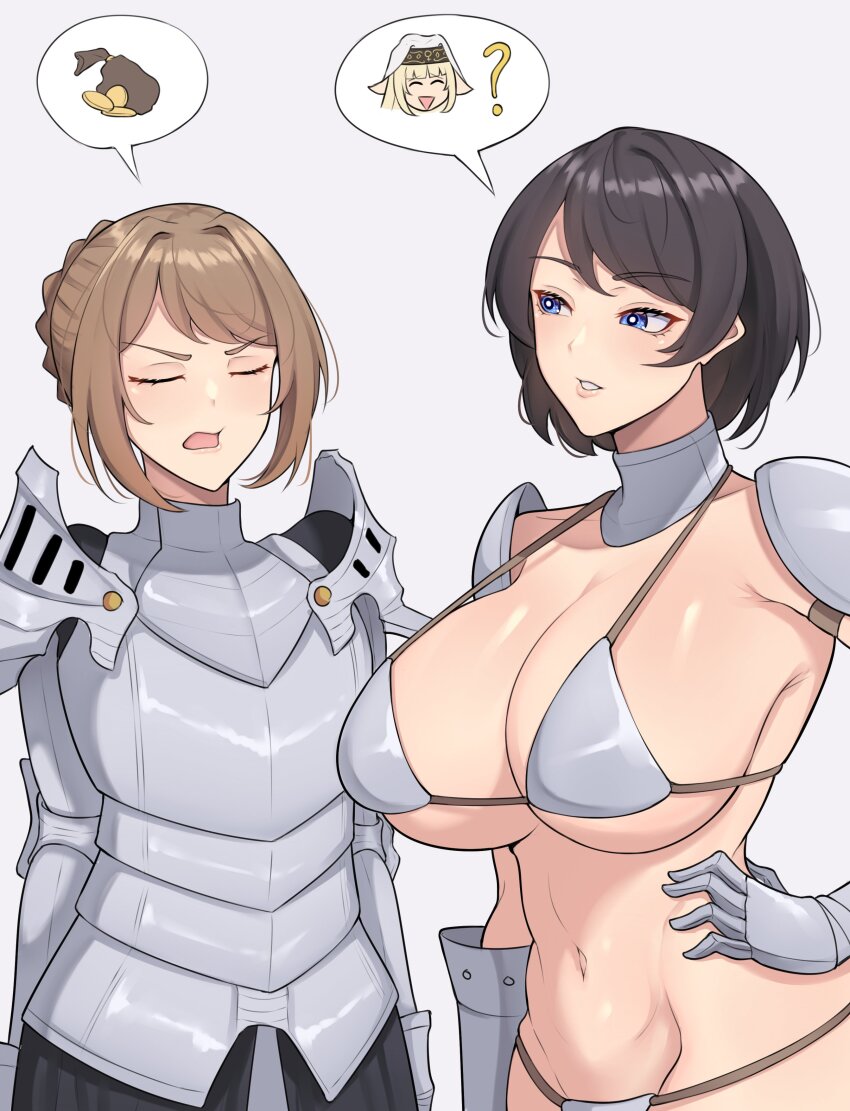 3girls ? absurdres armor band-width bikini_armor black_hair blonde_hair blue_eyes breasts bright_pupils brown_hair closed_eyes coin collar collarbone gauntlets gold_coin grey_background habit highres large_breasts made_in_2022 metal_collar multiple_girls navel open_mouth original plate_armor sack short_hair shoulder_armor speech_bubble spoken_object white_pupils