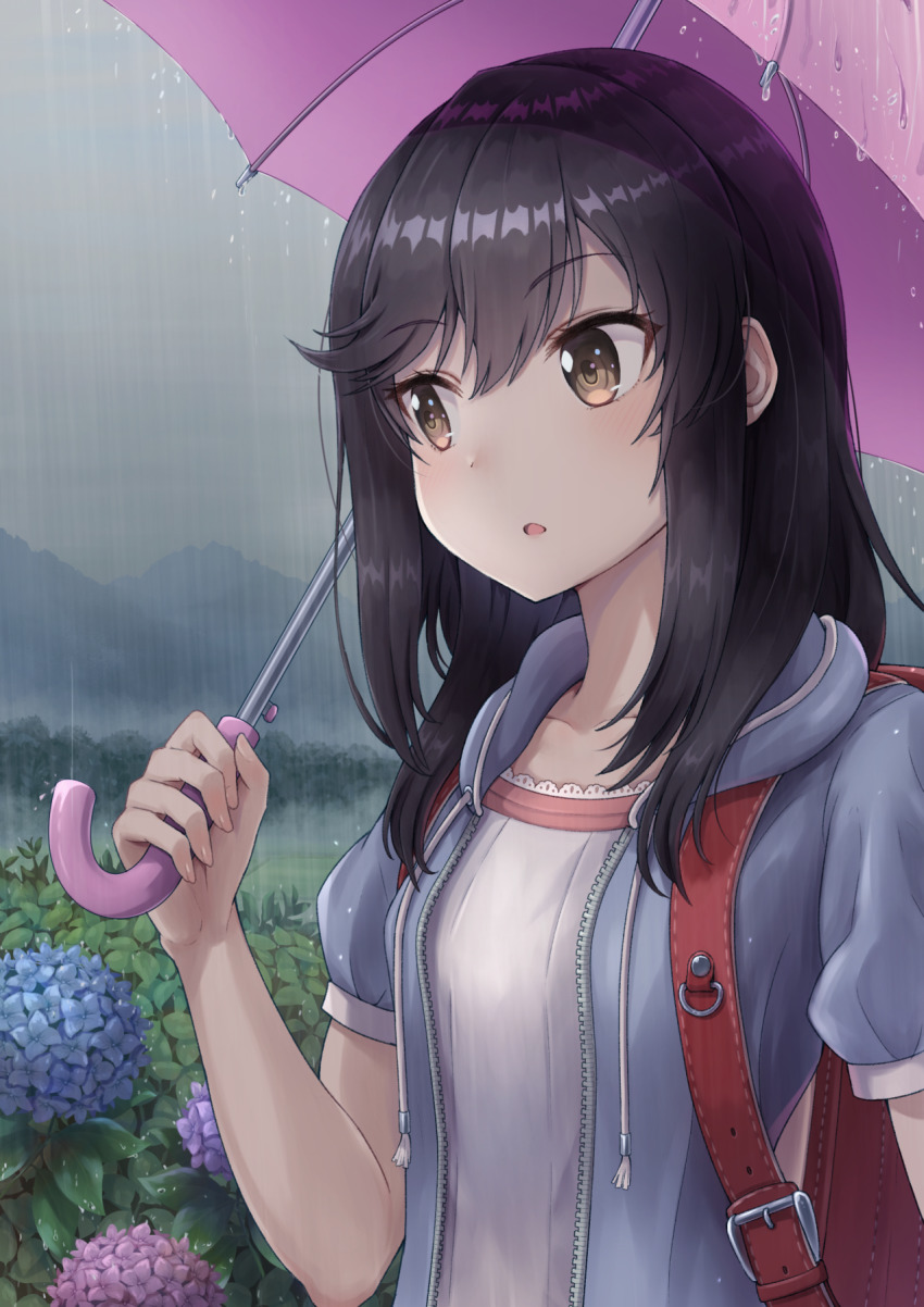 1girl :o backpack bag black_hair blouse blue_flower blue_hoodie blush brown_eyes bush close-up flower forest frilled_shirt frills grass grey_sky hair_between_eyes hair_over_shoulder highres holding holding_umbrella hood hoodie hydrangea ichijou_hotaru komashiro_n long_hair looking_to_the_side mountain nature non_non_biyori open_clothes open_hoodie open_mouth outdoors pink_flower pink_umbrella purple_flower rain randoseru red_bag scenery shirt short_sleeves sky solo tree umbrella upper_body white_shirt