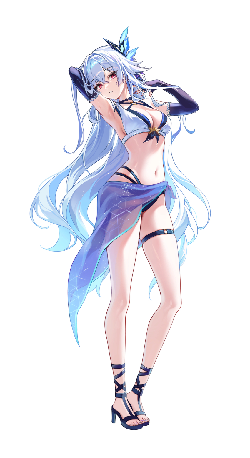 1girl absurdres alternate_costume arm_behind_head armpits bikini black_bikini black_sandals breasts elbow_gloves full_body genshin_impact gloria_(gloriao3o) gloves hair_ornament high_heels highres layered_bikini long_hair looking_at_viewer navel o-ring o-ring_thigh_strap parted_lips pink_eyes presenting_armpit purple_gloves purple_sarong sandals sarong see-through_clothes see-through_sarong simple_background skirk_(genshin_impact) solo standing striped_clothes swimsuit tachi-e thigh_strap vertical-striped_clothes white_background white_bikini white_hair