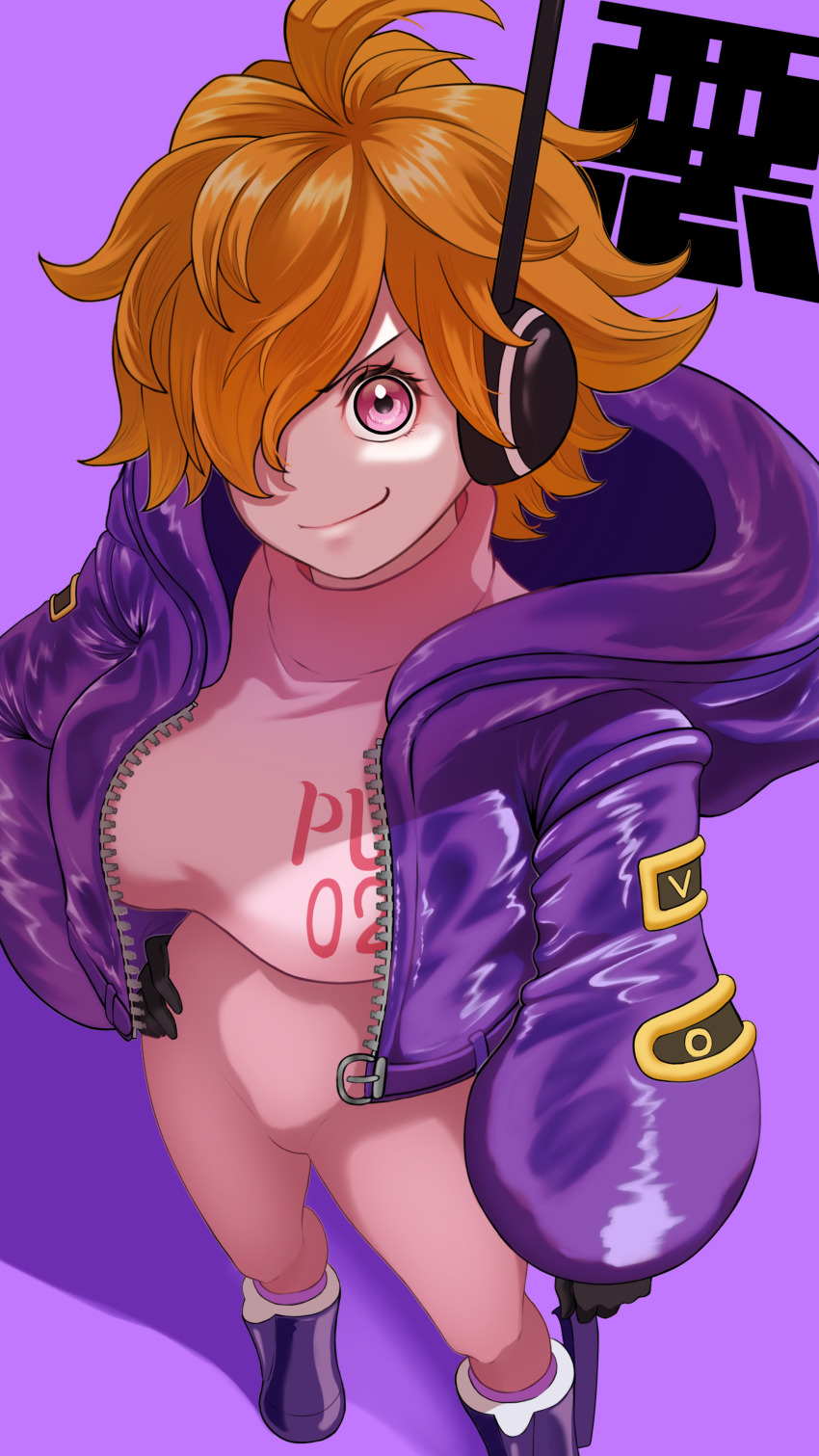 1girl absurdres bodysuit breasts feet_out_of_frame foreshortening gloves hair_over_one_eye hand_on_own_hip highres jacket kuremon large_breasts looking_at_viewer one_piece orange_hair pink_bodysuit pink_eyes purple_background purple_jacket shiny_clothes smile vegapunk_lilith wide_hips