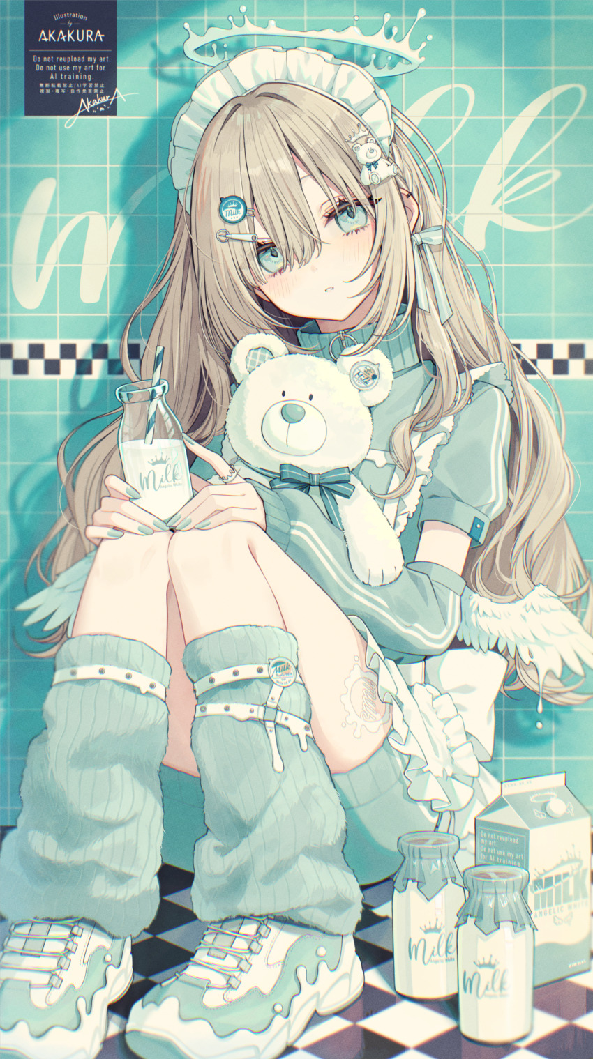 1girl akakura aqua_eyes aqua_leg_warmers aqua_nails aqua_theme artist_name bottle brown_hair commentary_request hair_between_eyes halo hand_warmer highres jersey_maid leg_warmers long_hair looking_at_viewer maid maid_headdress milk_bottle original parted_lips shoes short_sleeves signature sitting solo stuffed_toy tenshi_kaiwai unconventional_maid white_shoes