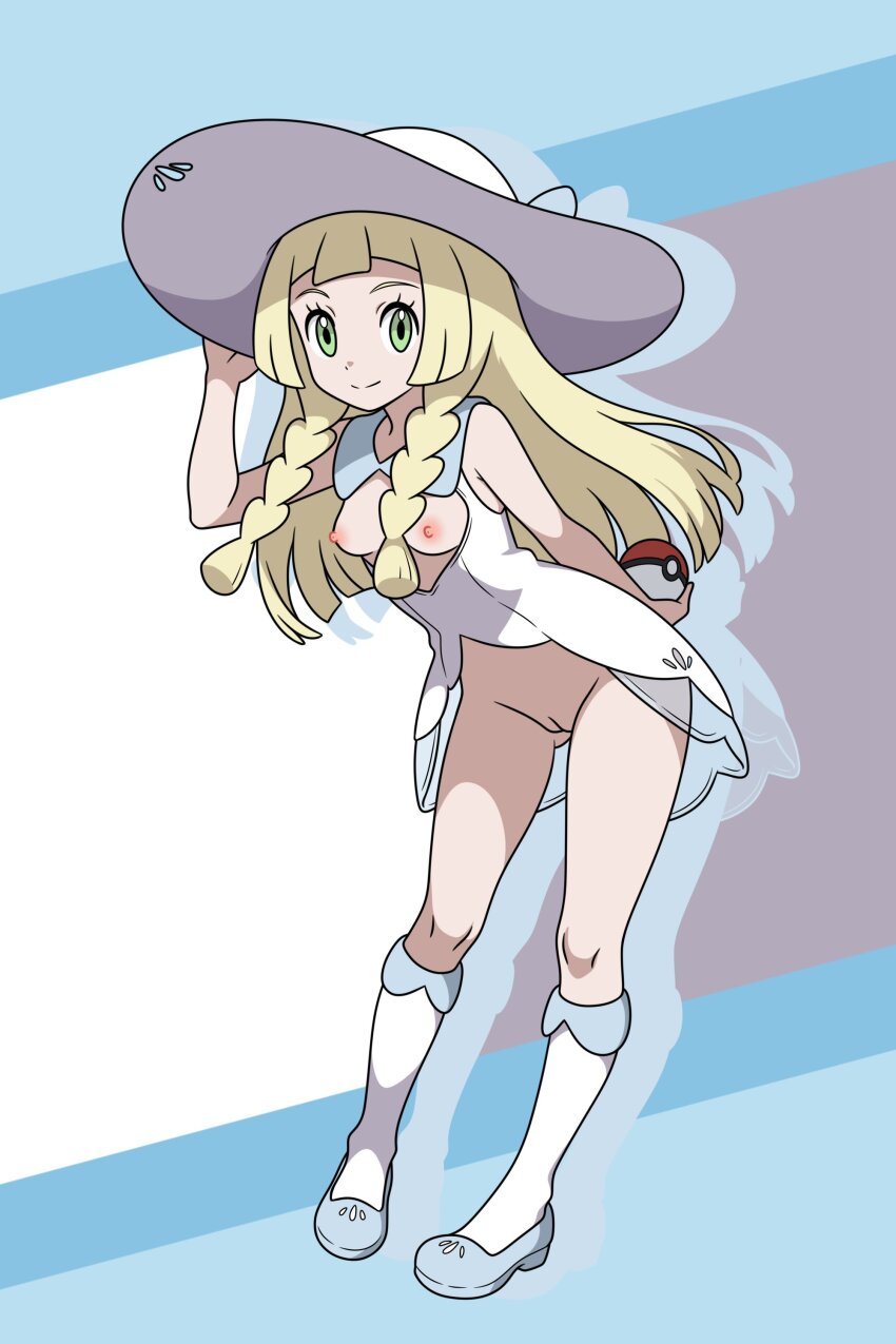 1girl absurdres adapted_costume blonde_hair blue_background blue_shoes braid breasts breasts_out cleft_of_venus dress functionally_nude green_eyes grey_background hat highres holding holding_poke_ball hoshi_wo_miru leaning_forward lillie_(pokemon) loli long_hair looking_at_viewer mary_janes nintendo nipples no_bra no_panties poke_ball poke_ball_(basic) pokemon pokemon_sm pussy shoes sidelocks simple_background small_breasts smile solo standing sun_hat uncensored white_background white_dress white_hat