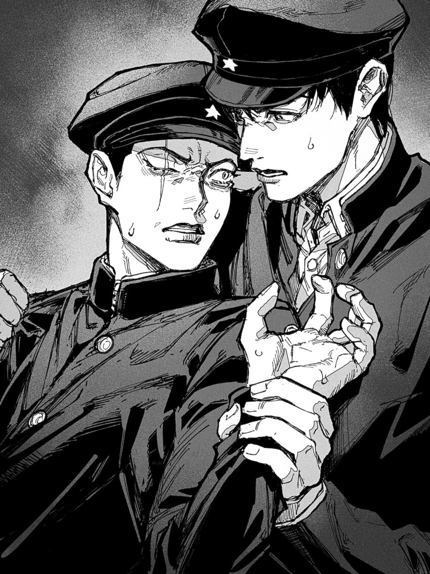 2boys arm_up black_hair black_hat buttons claw_pose collared_jacket collared_shirt commentary eye_contact gakuran greyscale hand_on_another&#039;s_wrist hat highres jacket layered_clothes litchi_hikari_club long_sleeves looking_at_another male_focus monochrome multiple_boys nervous_sweating niko_(litchi_hikari_club) ohji130 one_eye_closed parted_lips scar scar_across_eye scar_on_face school_uniform shirt short_hair star_(symbol) sweat sweatdrop tamiya_hiroshi teeth upper_body very_short_hair white_shirt