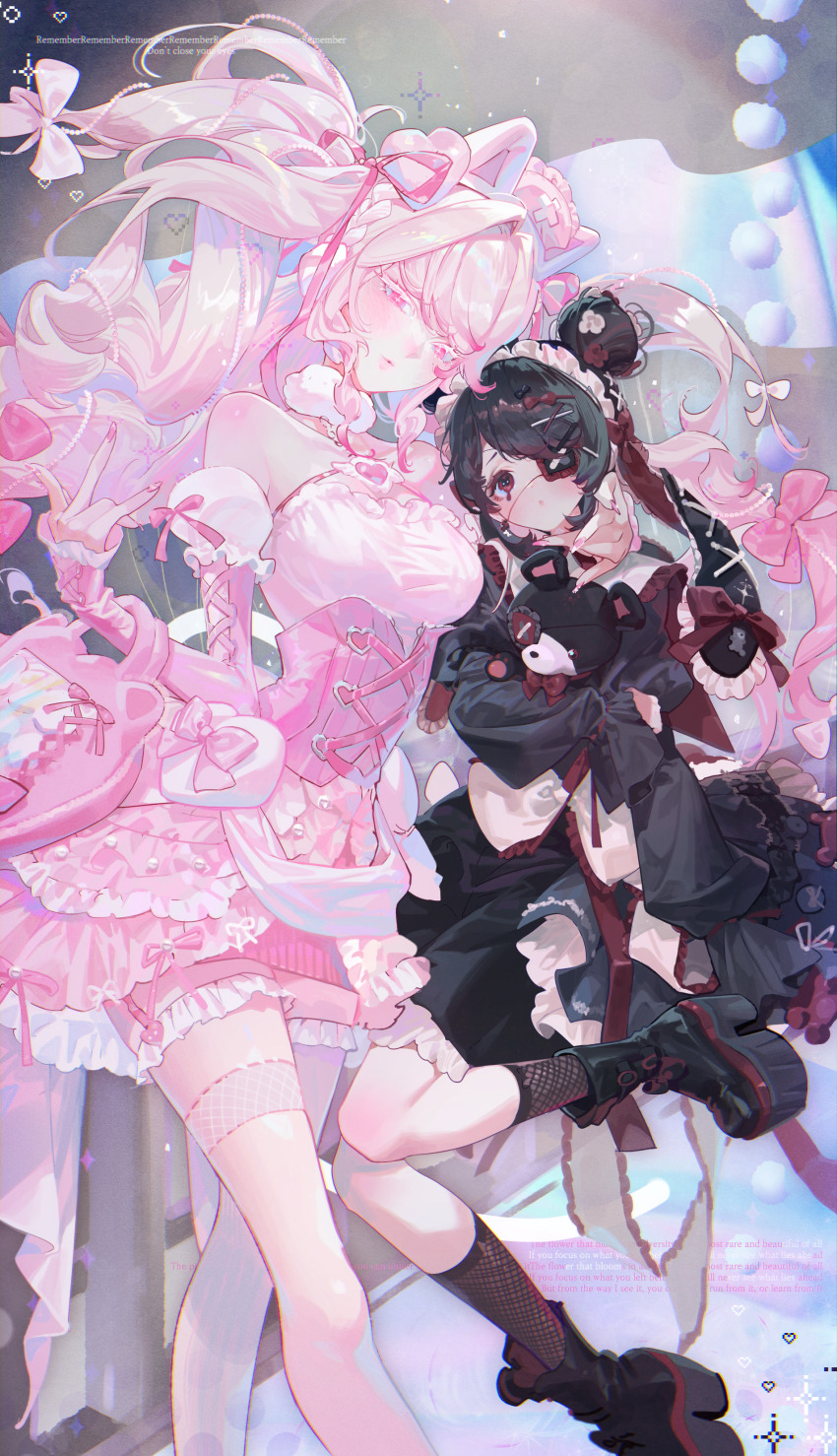 2girls absurdres animal_ears bag bare_shoulders black_boots black_dress black_hair boots breasts cat_ears chiltaku choker commentary_request corset cross-shaped_pupils detached_sleeves double_bun dress eyelashes eyepatch fishnet_socks fishnets frilled_dress frilled_eyepatch frills garter_straps gothic_lolita hair_bun hair_ornament hair_ribbon hairpin handbag hat highres holding holding_stuffed_toy lolita_fashion long_hair long_sleeves looking_at_another looking_at_viewer medium_breasts multiple_girls nail_polish nurse_cap open_mouth original parted_lips pink_bag pink_corset pink_dress pink_eyes pink_hair pink_nails pink_ribbon platform_boots puffy_detached_sleeves puffy_sleeves rabbit-shaped_pupils red_eyes ribbon single_thighhigh sleeves_past_fingers sleeves_past_wrists socks stuffed_animal stuffed_toy symbol-shaped_pupils teddy_bear thigh_strap thighhighs twintails very_long_hair white_thighhighs x_hair_ornament