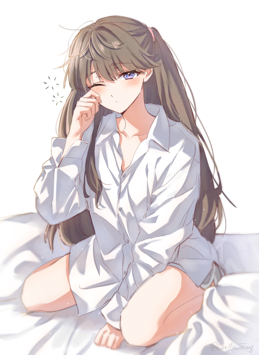 1girl ;/ alternate_costume blush brown_hair closed_mouth collarbone collared_shirt commentary dolphin_shorts dress_shirt fujishima_megumi full_body grey_shorts highres light_particles link!_like!_love_live! long_hair long_sleeves love_live! love_live!_nijigasaki_high_school_idol_club on_bed oversized_clothes oversized_shirt purple_eyes shirt short_shorts shorts sitting solo squeans tokimeki_no_mirai_chizu twitter_username two_side_up virtual_youtuber waking_up wariza white_background white_shirt zenma_trang