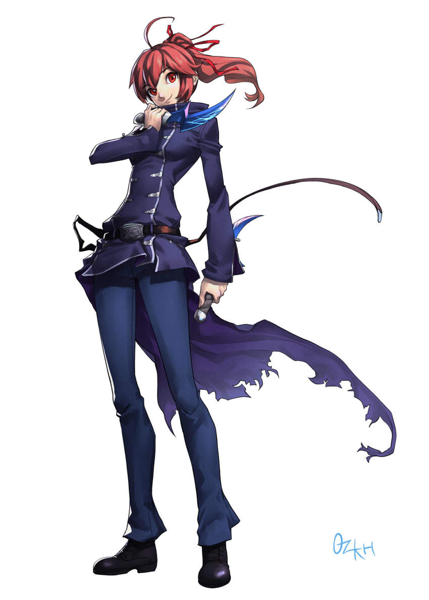 1girl alternate_costume belt blazblue boots breasts celica_a._mercury coat commentary_request commission cosplay crossdressing crossdressing_(ftm) dagger dual_wielding female_focus full_body highres holding holding_dagger holding_knife holding_weapon knife long_hair looking_at_viewer ozkh pants ponytail red_eyes red_hair school_uniform seth_(under_night_in-birth) seth_(under_night_in-birth)_(cosplay) signature simple_background smile solo sword under_night_in-birth weapon white_background