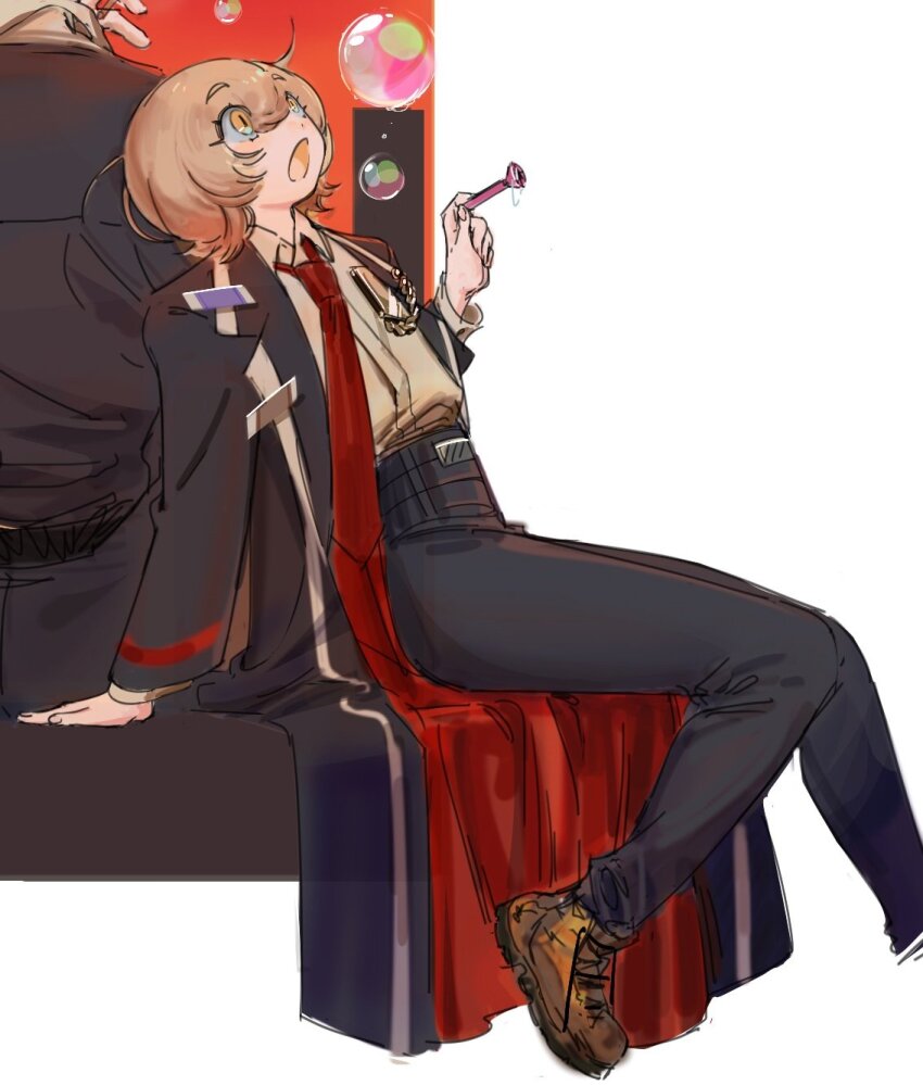 1girl 1other black_coat black_pants blonde_hair blowing_bubbles bob_cut boots bubble_wand coat don_quixote_(project_moon) highres leaning_back leaning_on_person limbus_company long_necktie looking_up necktie open_mouth pants project_moon red_necktie sitting soap_bubbles swinging_legs wenli yellow_eyes