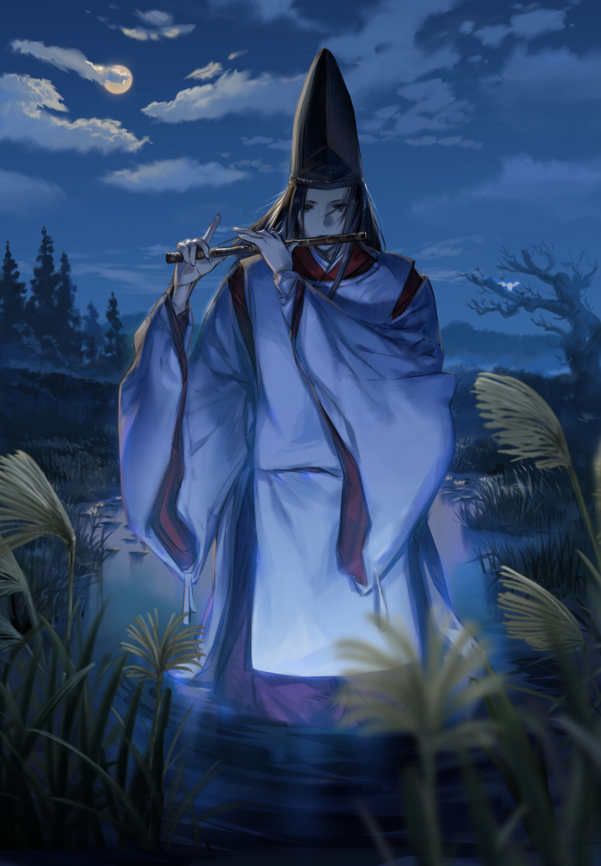 1boy absurdres ashorz bare_tree black_hair black_hat brown_eyes chinese_commentary cloud cloudy_sky commentary flute full_moon grass hakama hat highres instrument japanese_clothes kariginu long_hair long_sleeves looking_at_viewer male_focus moon music night original outdoors playing_instrument sky solo tate_eboshi tree water wide_sleeves