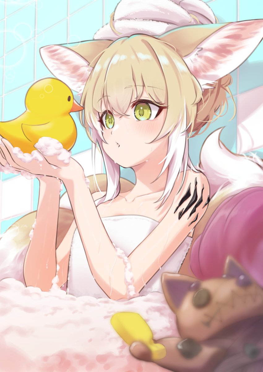 2girls absurdres animal_ear_fluff animal_ears arknights bathing blonde_hair blurry commentary depth_of_field foam fox_ears fox_girl fox_tail green_eyes highres material_growth multicolored_hair multiple_girls multiple_tails naked_towel oripathy_lesion_(arknights) out_of_frame partially_submerged red_hair rubber_duck shamare_(arknights) solo_focus suzuran_(arknights) symbol-only_commentary tail towel two-tone_hair white_hair yakurope-moko