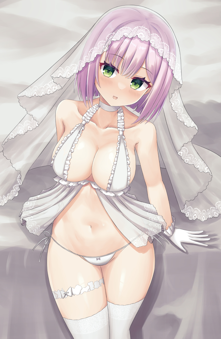 1girl :d babydoll bare_shoulders blunt_ends blush bob_cut breasts bridal_lingerie bridal_veil choker cleavage collarbone commentary cowboy_shot curvy eyelashes eyes_visible_through_hair fang frilled_babydoll frilled_gloves frills gloves green_eyes hair_between_eyes highres large_breasts lingerie looking_at_viewer medium_hair navel official_alternate_costume open_mouth panties pink_hair side-tie_panties skin_fang smile solo tanikaze_amane tenshi_souzou_re-boot! thigh_strap thighhighs thighs tsurime underwear veil white_babydoll white_choker white_gloves white_panties white_thighhighs yuunagi_(yunagi1373)