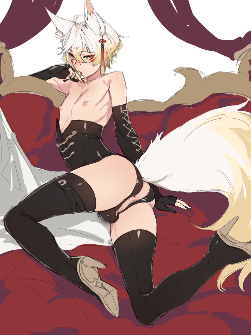 1boy animal_ear_fluff animal_ears anus anus_cutout anwianwi ass black_nails blonde_hair boots bulge corset couch earrings fox_boy fox_ears fox_tail gradient_hair high_heel_boots high_heels highres indie_virtual_youtuber jewelry looking_at_viewer male_focus mokotoko9 multicolored_hair nail_polish nipple_piercing nipples perineum piercing solo tail thigh_boots tongue tongue_out trap white_hair yellow_eyes