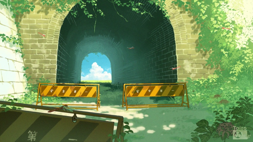 blue_sky bug cloud dappled_sunlight day dragonfly flower grass highres insect leaf no_humans original outdoors overgrown roadblock scenery sky spider_lily sunlight taizo_(taizo_03) tunnel