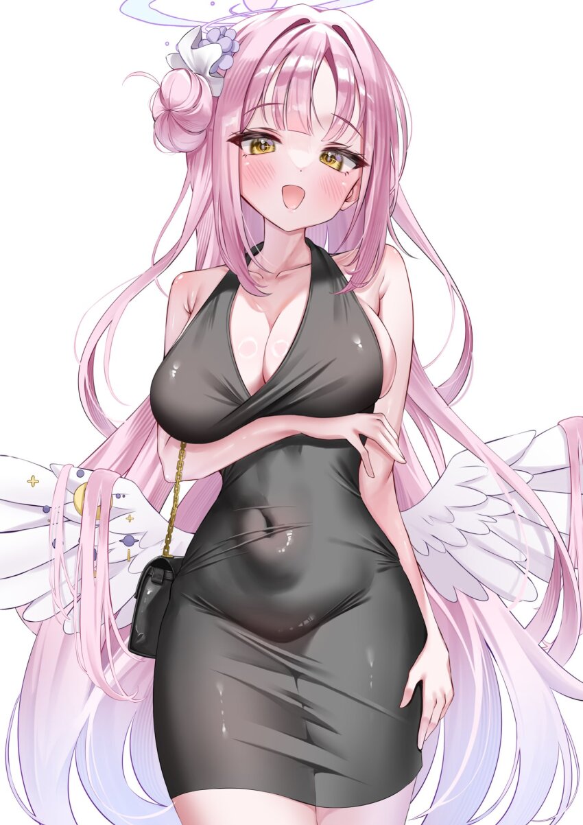 1girl alternate_costume angel_wings arm_under_breasts bag blue_archive breasts cleavage covered_navel cowboy_shot dress feathered_wings hair_bun halo highres large_breasts long_hair low_wings mika_(blue_archive) pink_hair pink_halo shoulder_bag single_side_bun sleeveless sleeveless_dress smile solo taut_clothes taut_dress wfa5051 white_background white_wings wing_ornament wings