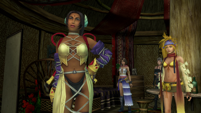 3d 4girls bindi black_hair blonde_hair breasts brown_hair dark-skinned_female dark_skin eyeshadow final_fantasy final_fantasy_x final_fantasy_x-2 hand_on_own_hip highres indoors makeup multiple_girls paine_(ff10) rikku_(ff10) silver_hair standing yuna