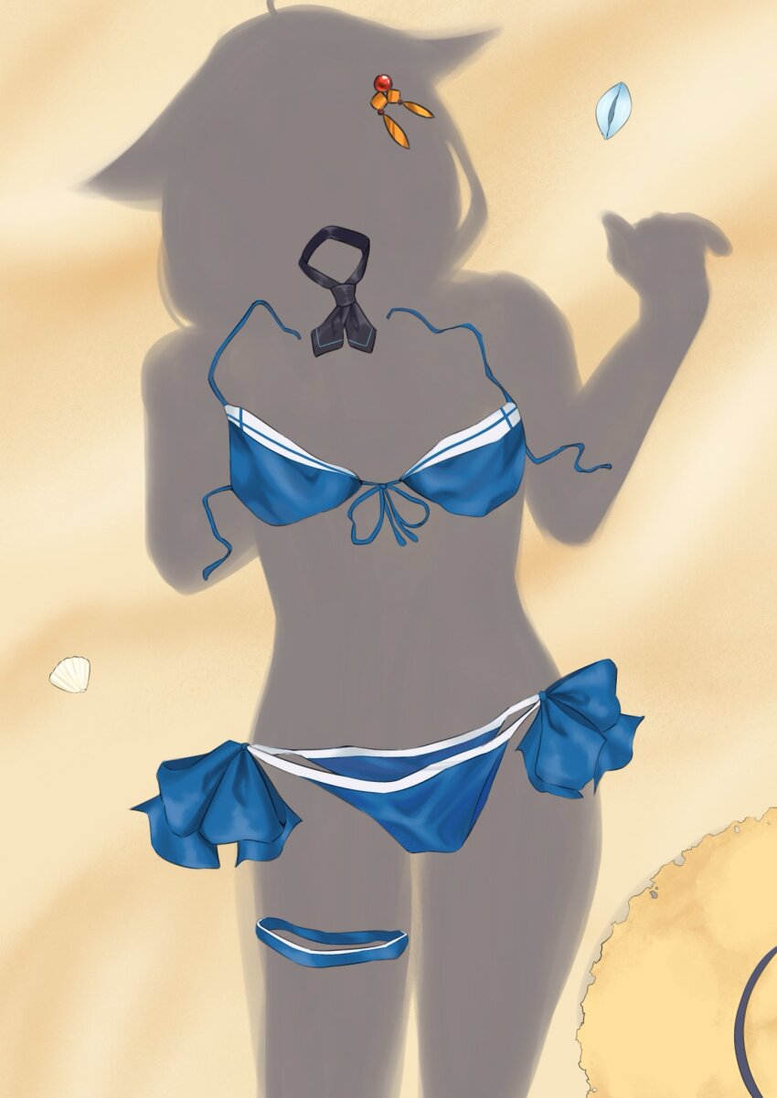 1girl ahoge bikini blue_bikini dressed_shadow_(meme) female_pov hair_flaps hat highres implied_nudity kantai_collection meme pov pov_shadow sand seashell shadow shell shieena shigure_(kancolle) shigure_kai_san_(kancolle) shigure_kai_san_(swimsuit)_(kancolle) solo swimsuit thigh_strap unworn_bikini unworn_bikini_bottom unworn_bikini_top