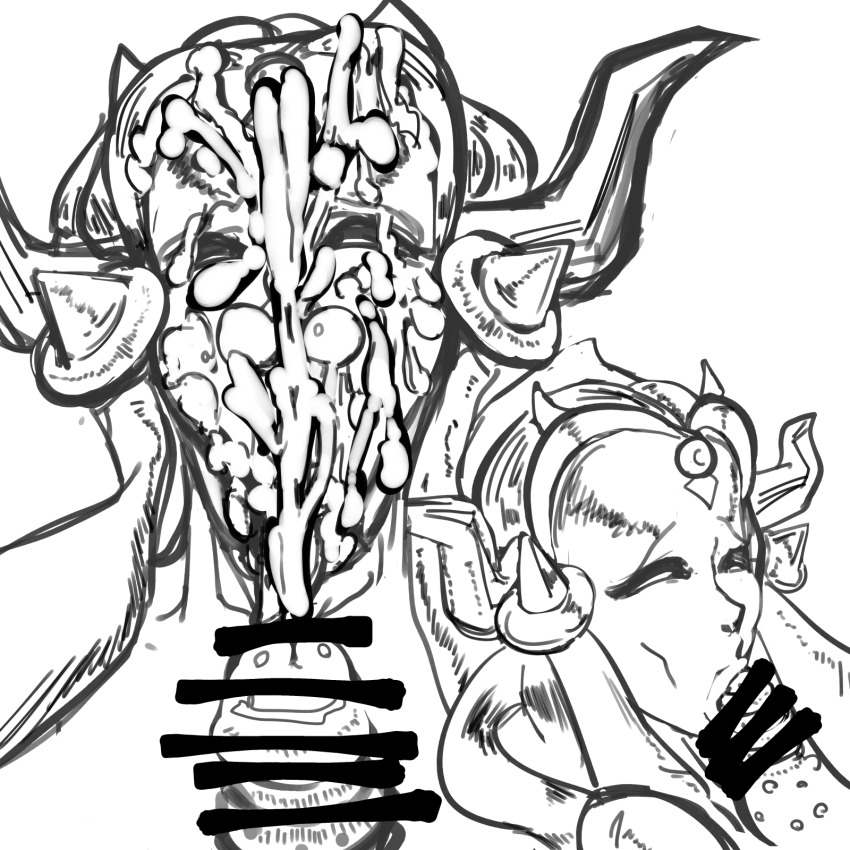 1girl :&gt;= bukkake censored cum cum_on_body facial fellatio grimms_notes half-closed_eyes highres horns iikanji_picture long_hair long_sidelocks mirror_plate_fiend_(grimms_notes) multiple_views oral penis sidelocks sketch solo_focus tongue tongue_out upper_body white_background
