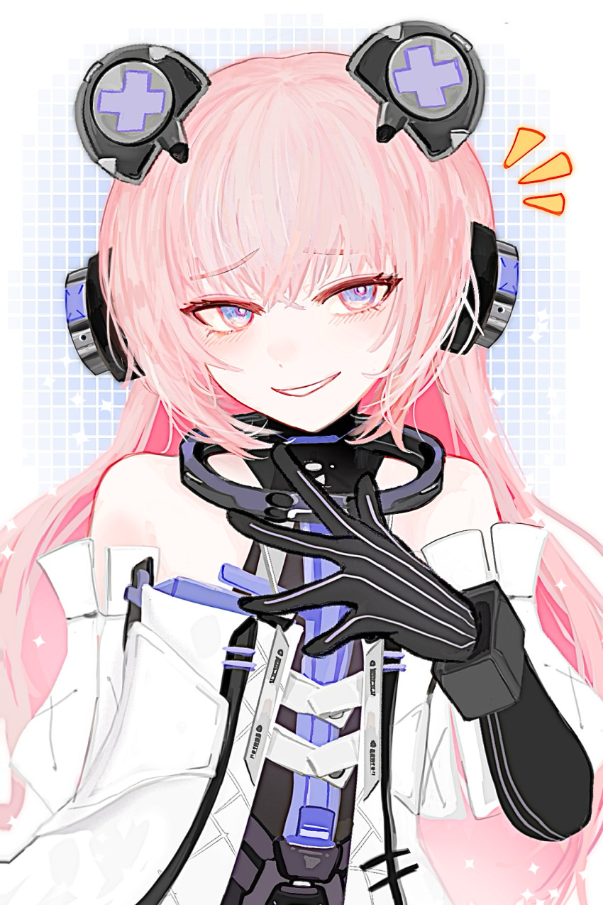 1girl animal_ears bare_shoulders bear_ears blue_eyes coat detached_sleeves fake_animal_ears headgear headphones highres looking_at_viewer mechanical_arms mf_(7554) multicolored_eyes pink_eyes pink_hair punishing:_gray_raven short_sleeves sidelocks smug solo teddy:_decryptor_(pgr) teddy_(pgr) two-tone_eyes white_coat