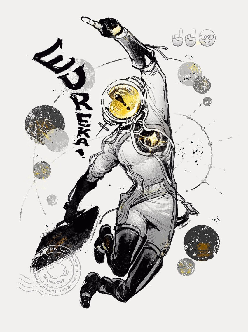 ! 1boy arm_up black_boots black_gloves boots circle english_text ferrofluid fishbowl_helmet full_body gloves highres holding holding_suitcase imainacup index_finger_raised jumping jumpsuit male_focus object_head reverse:1999 solo suitcase thigh_boots ulrich_(reverse:1999) white_background white_jumpsuit