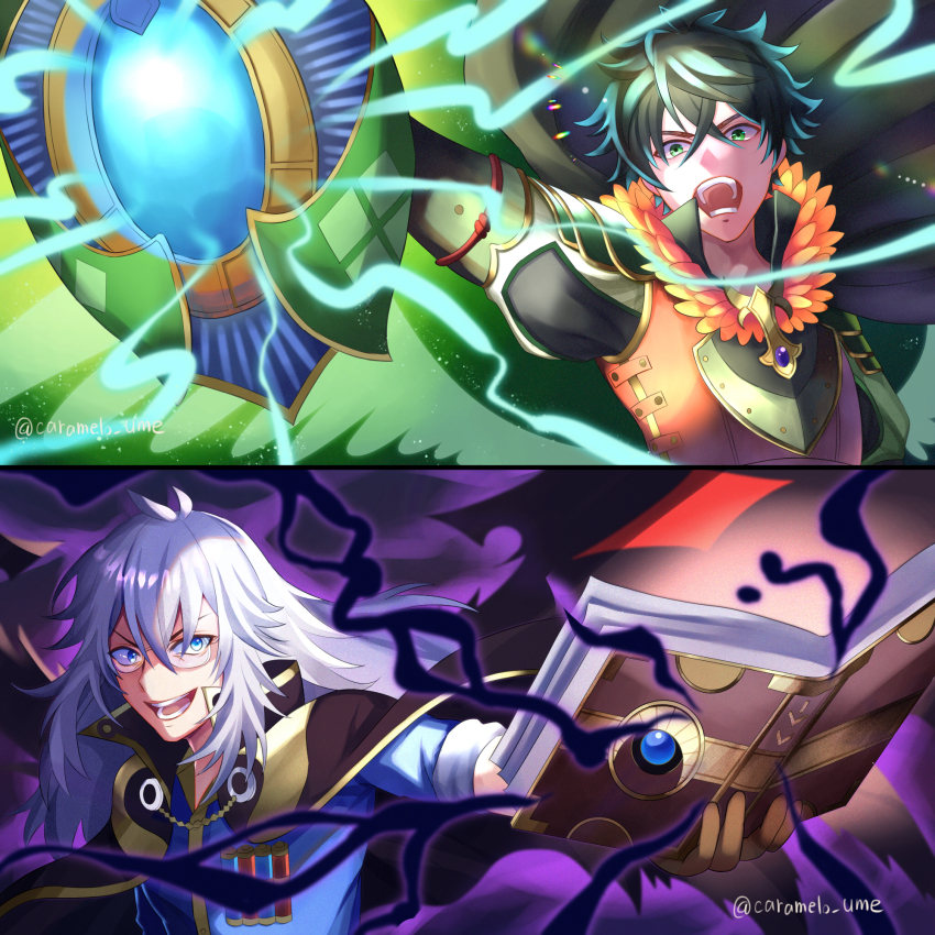 2boys animal_ears armored_leotard black_hair blue_eyes blue_shirt book brown_gloves caramelo_game glasses gloves green_eyes grimoire highres iwatani_naofumi kyou_ethnina leotard long_hair long_sleeves looking_at_viewer multiple_boys open_mouth shield shirt smile tate_no_yuusha_no_nariagari very_long_hair white_hair