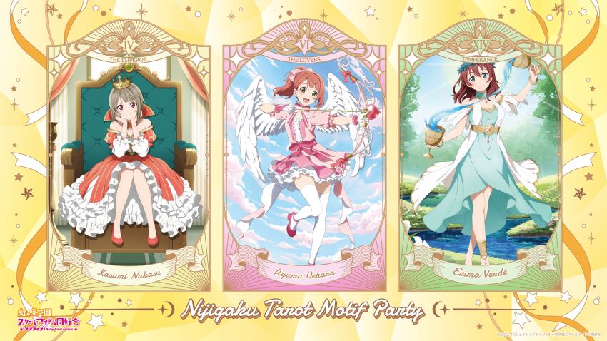 3girls :d absurdres aqua_dress blue_eyes blue_sky blunt_bangs bow breasts brown_hair chalice character_name cleavage closed_mouth cloud collarbone commentary_request copyright_name copyright_notice crown cup detached_collar dress emma_verde feathered_wings flying freckles frilled_dress frills full_body grass green_eyes hair_bow hands_on_own_cheeks hands_on_own_face head_wreath high_collar high_heels high_ponytail highres holding holding_cup juliet_sleeves light_brown_hair long_dress long_sleeves looking_at_viewer love_live! love_live!_nijigasaki_high_school_idol_club medium_breasts medium_hair multiple_girls nakasu_kasumi off-shoulder_dress off_shoulder official_alternate_costume official_art open_mouth orange_dress orange_shoes pink_bow pink_dress pink_hair pink_shoes ponytail puffy_short_sleeves puffy_sleeves red_eyes roman_numeral second-party_source shoes short_dress short_hair short_sleeves sidelocks sitting_on_throne sky smile standing striped_clothes striped_dress swept_bangs tarot teeth temperance_(tarot) the_emperor_(tarot) the_lovers_(tarot) thighhighs uehara_ayumu upper_teeth_only vertical-striped_clothes vertical-striped_dress white_thighhighs white_wings wings zettai_ryouiki