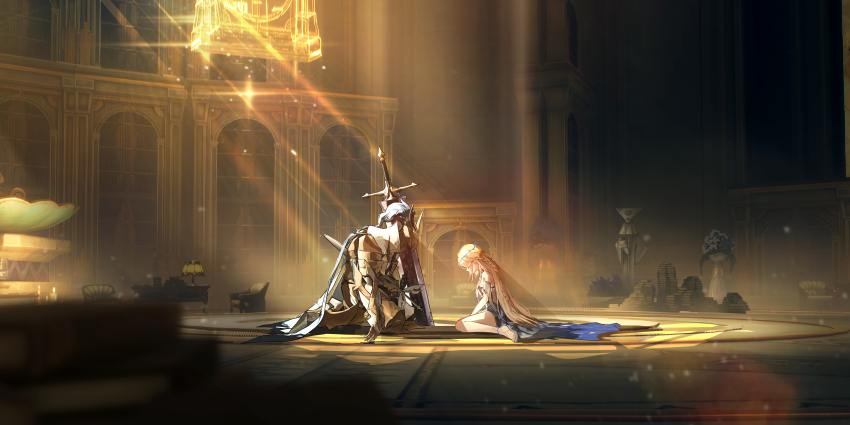 1girl 1other absurdres armor bare_legs bare_shoulders black_dress blonde_hair cadanto_(wuthering_waves) cartethyia_(wuthering_waves) commentary_request dress from_side highres impaled indoors knight legs long_hair planted planted_sword planted_weapon ryeon_(naturesan) short_dress sword toes very_long_hair weapon wide_shot wuthering_waves