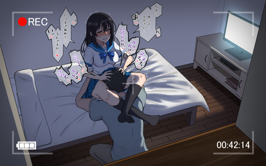 1boy 1girl 4tb_(4tera_byte) bed bed_sheet black_hair black_socks blue_sailor_collar blue_shirt blue_skirt cunnilingus grey_pants hands_on_another&#039;s_head hetero highres himeragi_yukina indoors jewelry kneehighs medium_hair netorare on_bed oral pants plaid_clothes plaid_skirt recording ring sailor_collar school_uniform serafuku shirt short_sleeves skirt socks strike_the_blood t-shirt television translation_request wooden_wall