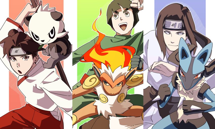 1girl 2boys absurdres black_hair bodysuit brown_eyes brown_hair crossover forehead_protector gen_4_pokemon gen_6_pokemon green_bodysuit highres hyuuga_neji infernape konohagakure_symbol long_hair looking_at_viewer lucario multiple_boys naruto_(series) naruto_shippuuden nintendo pancham pants pnpk_1013 pokemon pokemon_(creature) red_pants rock_lee shirt short_hair tenten_(naruto) white_shirt