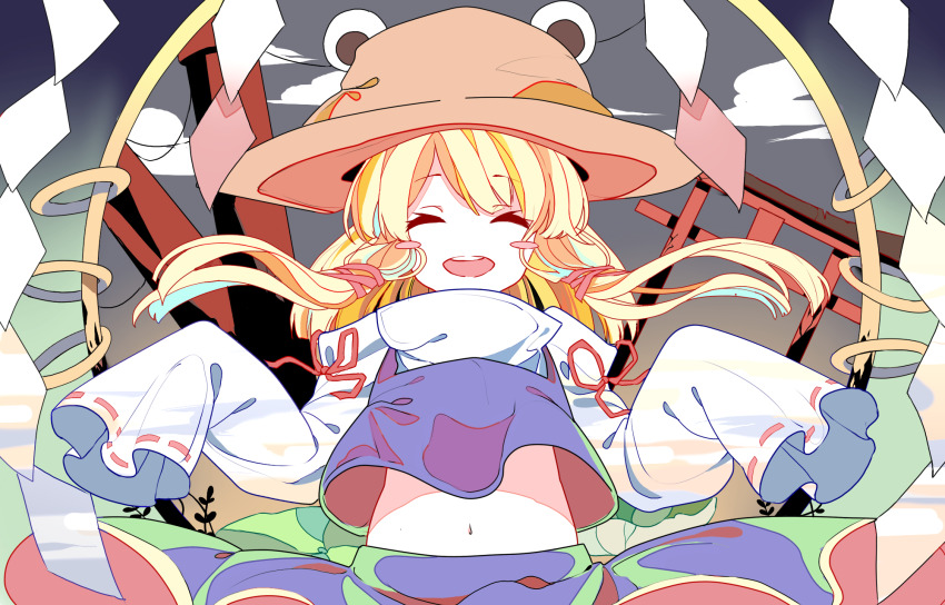 1girl blonde_hair brown_hat closed_eyes hair_ribbon hat highres moriya_suwako onbashira open_mouth purple_skirt purple_vest ribbon rope skirt skirt_set smile solo teeth touhou upper_teeth_only vest wide_sleeves zhixie_jiaobu