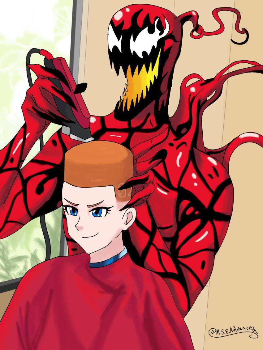 1girl alternate_hairstyle barber_cape blue_eyes carnage_(marvel) choso_giving_toudou_a_haircut_(meme) closed_mouth commentary crossover english_commentary fade_(haircut) flattop highres holding holding_razor indoors marvel meme neon_genesis_evangelion orange_hair razor re1quaza short_hair smile souryuu_asuka_langley spider-man_(series) symbiote twitter_username upper_body