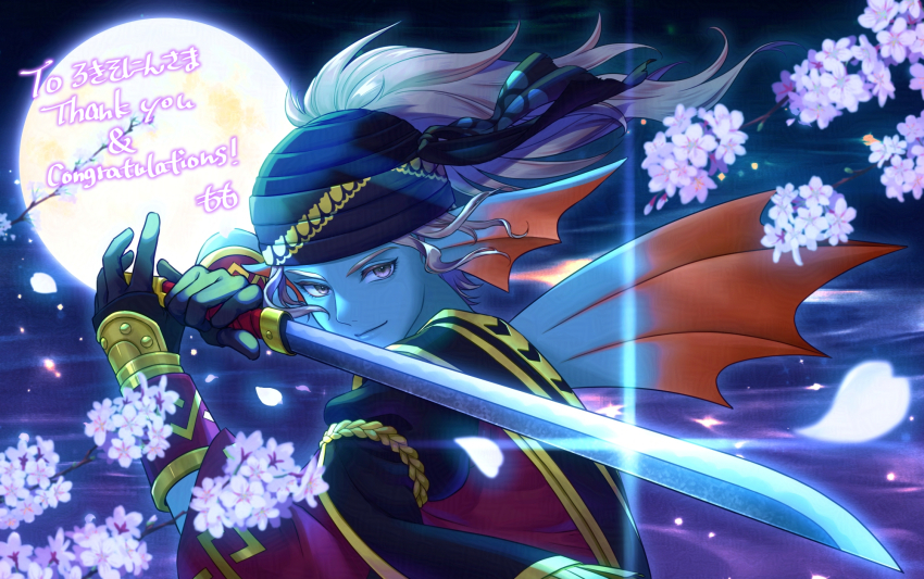 1boy back_fin black_gloves black_turban blue_skin blurry cherry_blossoms colored_eyelashes colored_skin commentary_request commission congratulations depth_of_field dragon_quest dragon_quest_x fins fish_boy floating_clothes floating_hair full_moon gloves glowing grey_eyes head_fins highres holding holding_sword holding_weapon katana looking_at_viewer male_focus momo_nei moon night petals ponytail skeb_commission smile solo sword thank_you upper_body weapon weddie_(dq10) white_hair