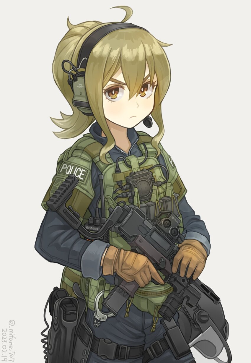 1girl ahoge blonde_hair blue_jacket blue_pants brown_gloves closed_mouth commentary_request cuffs dated eotech gloves gun hair_between_eyes handcuffs handgun headset helmet highres holding holding_gun holding_weapon holstered jacket light_frown load_bearing_vest looking_at_viewer magazine_(weapon) mifune_(_mifune_707) minebea_pm-9 original pants pistol police police_uniform policewoman s.w.a.t. short_hair sidelocks simple_background solo submachine_gun tactical_clothes trigger_discipline twitter_username v-shaped_eyebrows walkie-talkie weapon white_background yellow_eyes