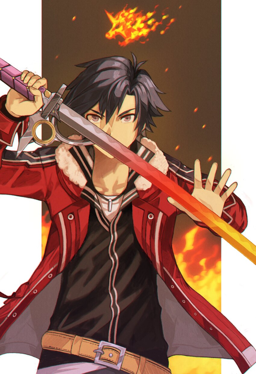 1boy ahoge black_hair brown_eyes curtained_hair eiyuu_densetsu falcom fire fur_collar highres holding holding_sword holding_weapon jacket katana looking_at_viewer male_focus open_clothes open_jacket parted_bangs rean_schwarzer sen_no_kiseki sen_no_kiseki_(series) sen_no_kiseki_i sen_no_kiseki_ii solo starequiems sword weapon