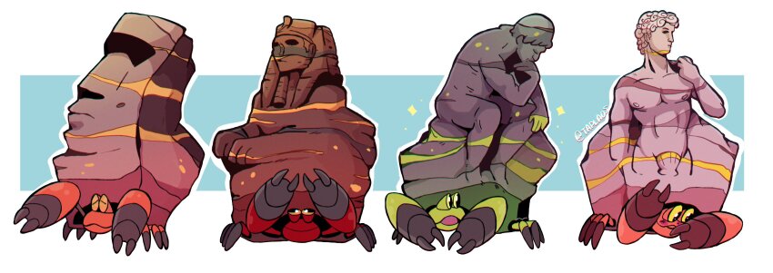 alternate_color animal_focus blue_background bust_(sculpture) claws crustacean crustle gen_5_pokemon highres moai nintendo no_humans pokemon pokemon_(creature) pyramid_(structure) sculpture shell simple_background sphinx_of_giza taplaos the_thinker two-tone_background white_background