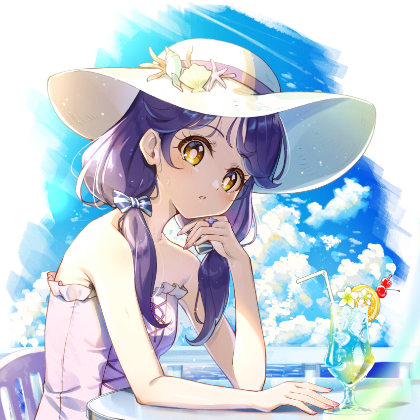 1girl bare_shoulders blue_sky bow chair cloud cloudy_sky commentary_request day dress drinking_straw elbow_rest frilled_dress frills glass hair_bow hair_over_shoulder hat hat_ornament highres horizon jewelry long_hair looking_at_viewer low_twintails ocean orange_eyes outdoors parted_lips partial_commentary precure purple_hair rice_rabbit22 ring shell_hat_ornament sitting sky solo strapless strapless_dress sun_hat sundress sunlight suzumura_sango table tropical-rouge!_precure twintails white_hat