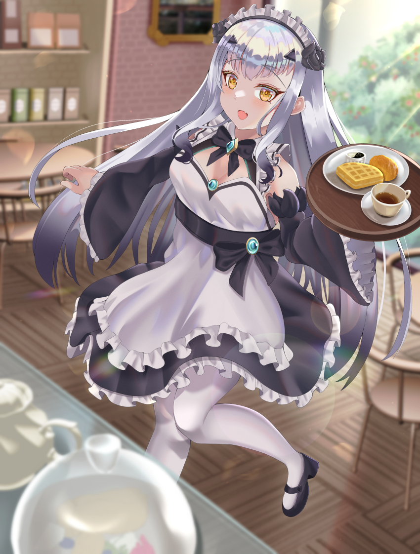 1girl absurdres bare_shoulders black_dress blush breasts brooch cleavage coffee cup detached_sleeves dress fate/grand_order fate_(series) flower food forked_eyebrows hair_flower hair_ornament highres jewelry long_hair looking_at_viewer maid_headdress medium_breasts melusine_(fate) open_mouth pantyhose plate raji_(largesaint2210) sidelocks smile solo tray waffle white_hair white_pantyhose yellow_eyes