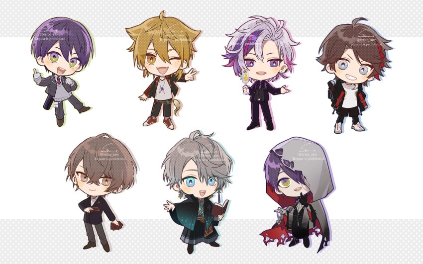 6+boys :d ;d absurdres ahoge aqua_haori arm_up artist_name bandaged_hand bandages barbell_piercing belt black_gloves black_hakama black_haori black_jacket black_pants black_robe black_shoes black_shorts blazer blue_eyes blush book brown_eyes brown_hair brown_shoes card chibi clenched_hand cloak closed_mouth collared_shirt commentary crossed_bangs cup drinking_glass ear_piercing earrings eyeshadow fang fingerless_gloves first_aid_kit fushimi_gaku fushimi_gaku_(1st_costume) fuwa_minato fuwa_minato_(2nd_costume) gloves gradient_clothes gradient_haori green_eyes grey_background grey_cloak grey_hair grey_pants grey_shirt grey_sweater grey_vest grin hair_between_eyes hakama hand_up haori haori_on_shoulders highres holding holding_book holding_card holding_cup hood hood_down hood_up hooded_cloak hooded_jacket industrial_piercing jacket japanese_clothes jewelry kagami_hayato kagami_hayato_(1st_costume) kaida_haru kaida_haru_(1st_costume) kenmochi_touya kenmochi_touya_(1st_costume) kimono lapel_pin lapels long_sleeves looking_at_viewer low_ponytail magatama magatama_necklace makeup male_focus medium_hair middle_finger mismatched_earrings mole mole_under_eye multicolored_eyes multicolored_hair multiple_boys necklace necktie nijisanji obi obijime one_eye_closed one_eye_covered open_book open_clothes open_jacket open_mouth pants pants_under_shorts parted_bangs piercing pink_hair plaid_clothes plaid_necktie playing_card pocket_square polka_dot polka_dot_background ponytail puffy_long_sleeves puffy_sleeves purple_eyes purple_hair purple_jacket purple_necktie purple_pants purple_shirt red_eyeshadow red_hair red_necktie red_sash red_shoes ringed_eyes robe saegusa_akina saegusa_akina_(4th_costume) sash saw_(dtn_error) school_uniform shirt shirt_under_kimono shoes short_hair shorts signature simple_background single_glove smile sneakers streaked_hair striped_clothes striped_shirt striped_vest sweater tassel tassel_earrings teeth torn_cloak torn_clothes twitter_username two-tone_background upper_teeth_only v v-shaped_eyebrows vertical-striped_clothes vertical-striped_shirt vest virtual_youtuber weapon_bag white_background white_belt white_shirt white_shoes wing_collar