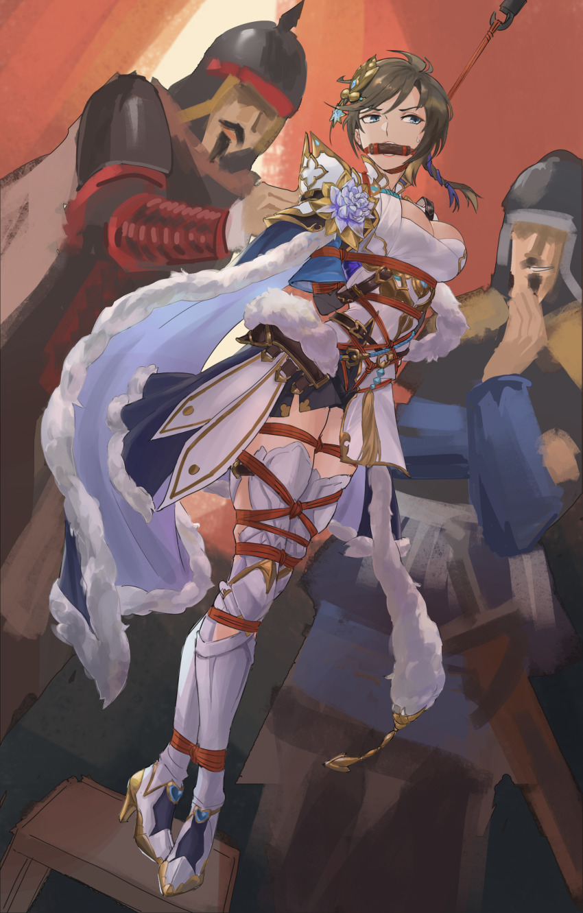 1girl 2boys absurdres armor bdsm bit_gag blue_eyes bondage bound breasts brown_hair captured doradofin dutch_angle full_body gag highres kidnapping multiple_boys restrained shibari shin_sangoku_musou sweat wang_yi_(shin_sangoku_musou)