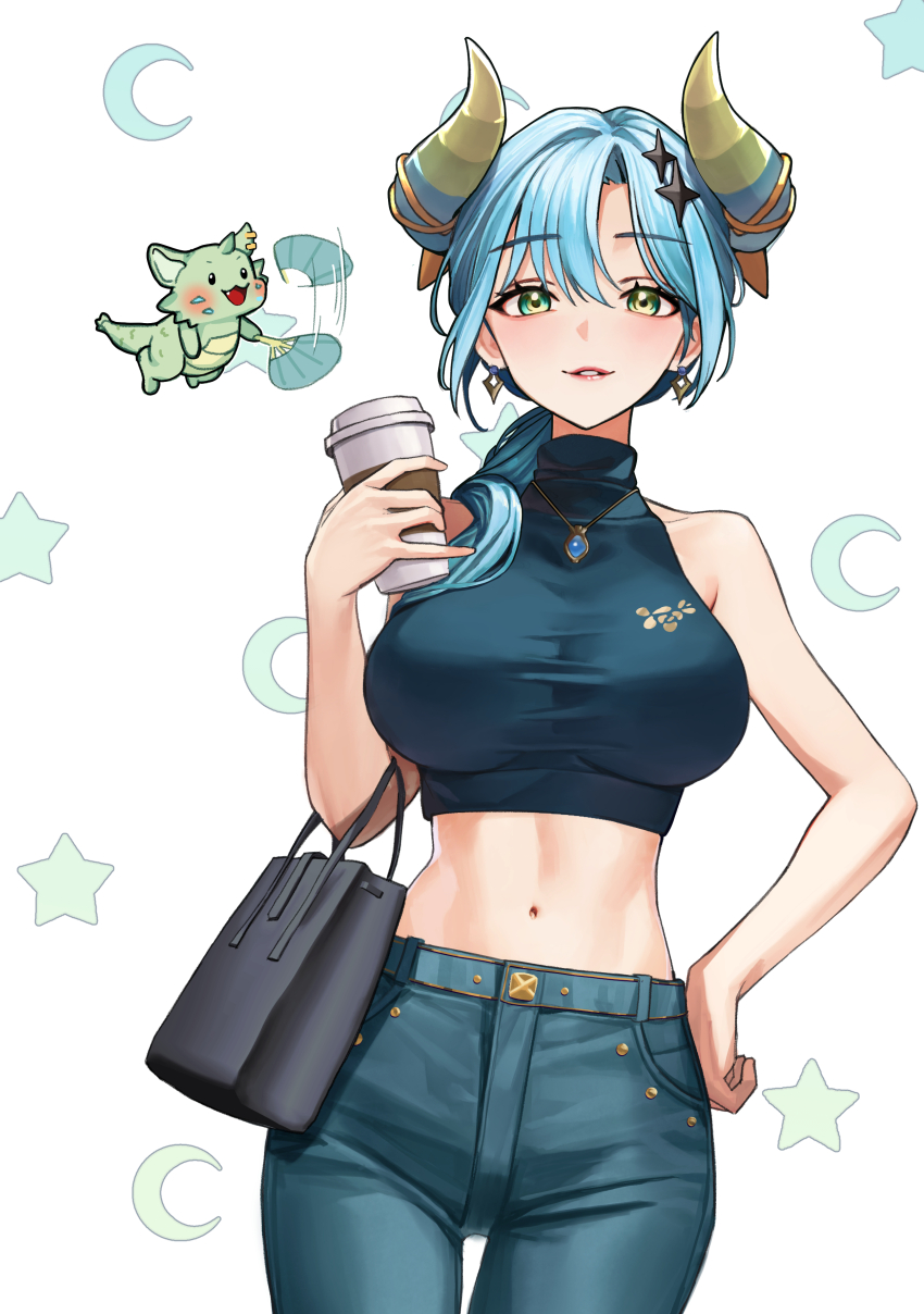 1girl absurdres bag black_shirt blue_hair breasts choppy_bangs commentary_request cowboy_shot creature crescent crop_top cropped_shirt cup curved_horns denim disposable_coffee_cup disposable_cup elppi green_eyes hair_over_shoulder hand_on_own_hip hand_up highres holding holding_cup indie_virtual_youtuber jeans jewelry korean_commentary large_breasts long_hair looking_at_viewer mare_flos midriff navel necklace pants parted_lips ponytail shirt sleeveless sleeveless_shirt smile solo standing star_(symbol) star_symbol_background thigh_gap turtleneck turtleneck_shirt variant_set virtual_youtuber white_background