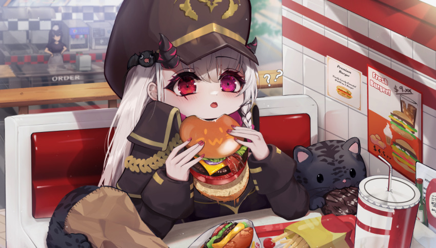 1girl ? ad bat_hair_ornament blush booth_seating brown_hat brown_jacket burger burger_malfunction cat commission cup cyken_(cyken0718) demon_girl demon_horns disposable_cup eating employee_uniform english_text fast_food_uniform food french_fries hair_ornament hands_on_own_hips hat heterochromia holding holding_burger holding_food horns jacket ketchup_bottle long_hair looking_ahead military_hat military_jacket nail_polish open_mouth original poster_(object) purple_eyes red_eyes restaurant sitting solo_focus very_long_hair white_hair
