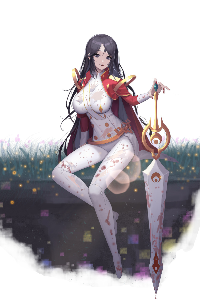 1girl absurdres adele_(maplestory) black_hair commission dirt fireflies full_body grass grey_hair highres holding holding_sword holding_weapon jacket long_hair long_sleeves lud maplestory open_mouth red_jacket red_nails solo sword teeth uniform upper_teeth_only very_long_hair weapon white_background
