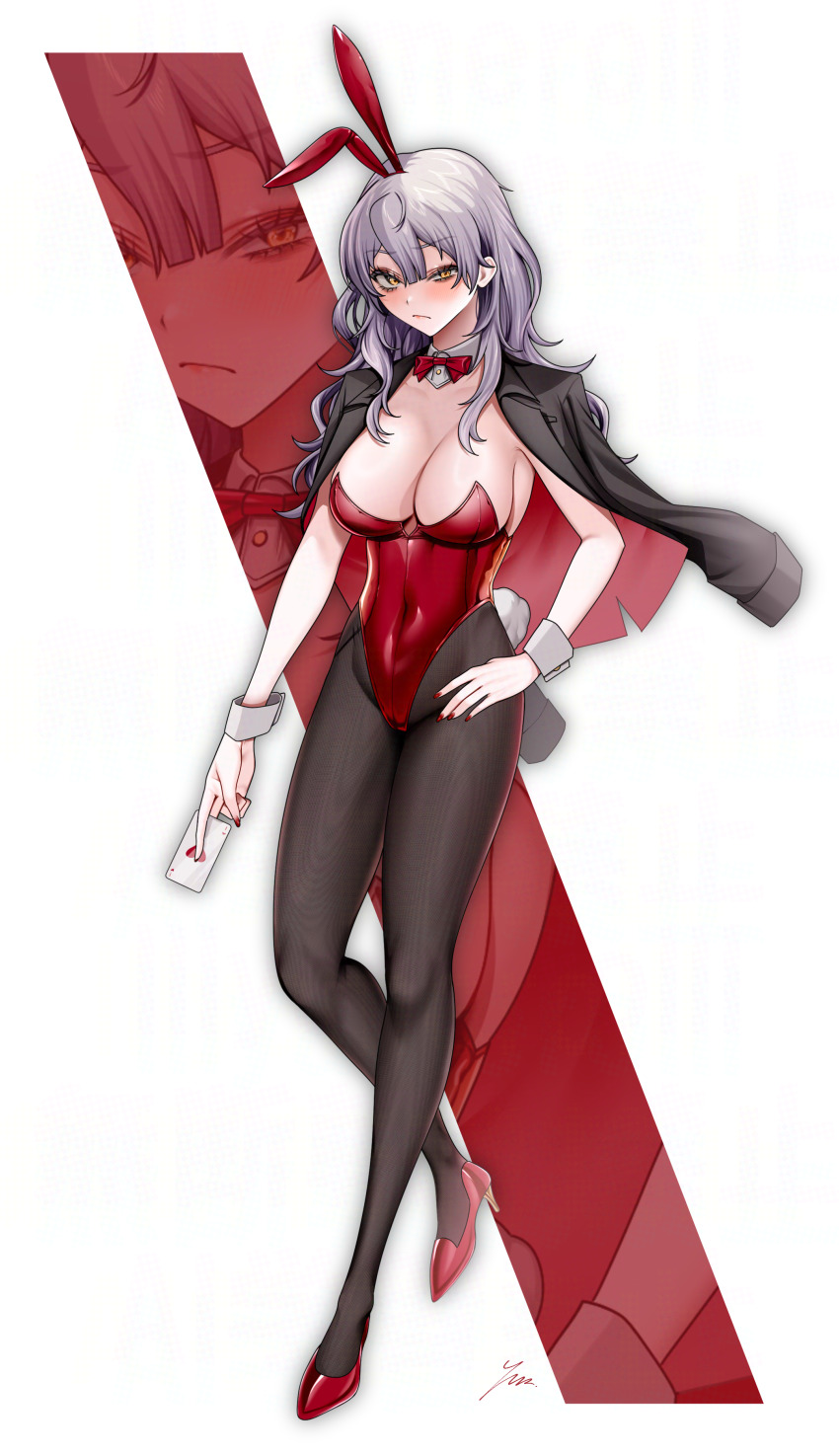1girl absurdres ace_(playing_card) ace_of_hearts alternate_costume animal_ears black_jacket black_leotard bow bowtie breasts card collar commentary covered_navel detached_collar fake_animal_ears fake_tail goddess_of_victory:_nikke heart high_heels highres holding holding_card jacket large_breasts leotard long_hair playboy_bunny playing_card rabbit_ears rabbit_tail red_bow red_bowtie red_leotard solo tail white_background white_collar white_hair wrist_cuffs yellow_eyes ymr_yamero yulha_(nikke) zooming_in