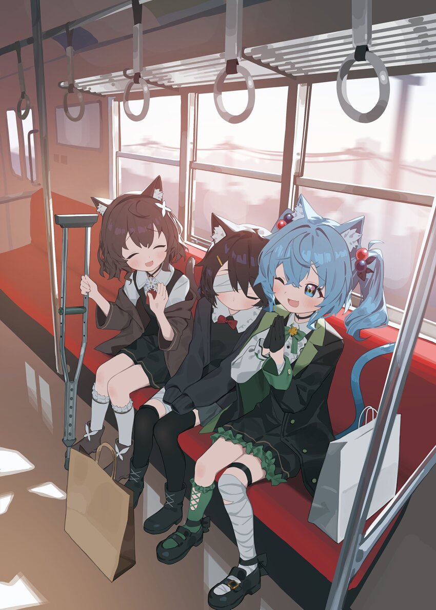 3girls absurdres animal_ear_fluff animal_ears aqua_eyes ascot bag bandage_over_one_eye bandaged_leg bandages berry-chan_(satou_(3366_s)) black_choker black_dress black_footwear black_gloves black_hair black_jacket black_shirt black_thighhighs blue_hair blush bow bowtie brown_footwear brown_hair brown_jacket cat_ears cat_girl cat_tail choker closed_eyes commission crutch dress fang friends frilled_dress frilled_shirt_collar frills gloves green_bow green_bowtie hair_between_eyes hair_bobbles hair_ornament head_tilt highres holding_crutch jacket kurioshi_fio kuroha_eve light_blue_hair long_sleeves looking_at_another medium_hair multiple_girls nnmbpx one_eye_closed open_clothes open_jacket open_mouth original own_hands_together paper_bag red_ascot red_bow red_bowtie shirt short_hair sitting skeb_commission skin_fang sleeping smile socks tail thighhighs train_interior twintails white_shirt white_socks