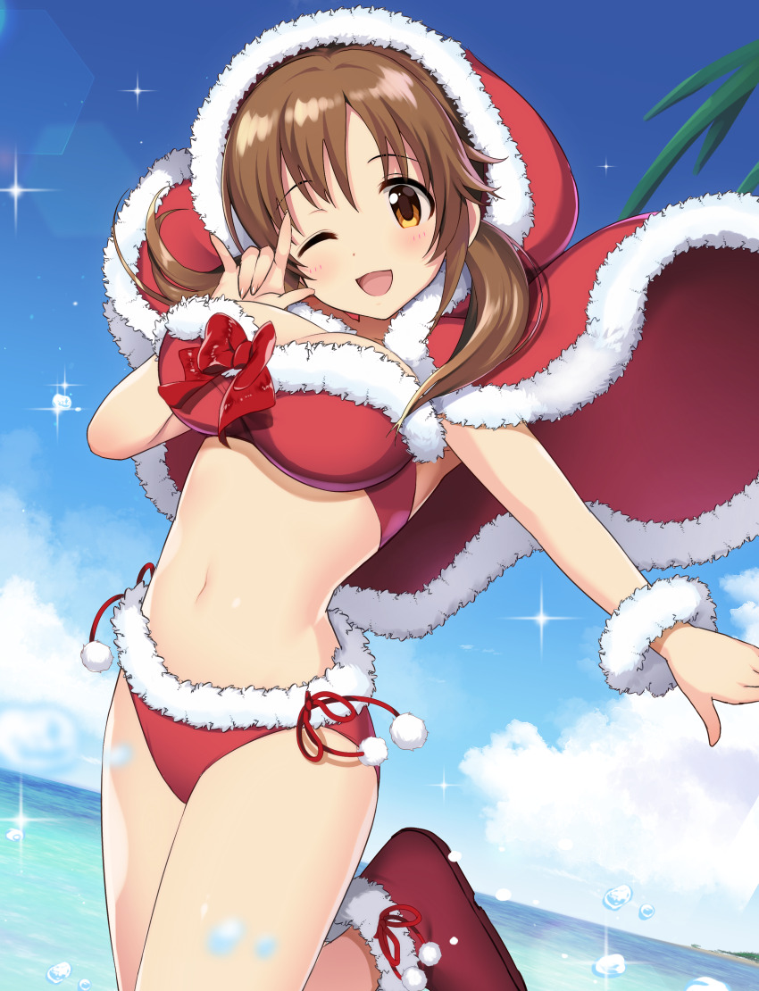 1girl ;d absurdres bare_shoulders bikini blue_sky blush boots bow bowtie bracelet breasts brown_eyes brown_hair cleavage cloud cowboy_shot day dot_nose fur-trimmed_bikini fur-trimmed_boots fur-trimmed_hood fur_bracelet fur_trim hand_up highres hood horizon idolmaster idolmaster_cinderella_girls idolmaster_cinderella_girls_starlight_stage jewelry large_breasts lens_flare long_hair looking_at_viewer m/ midriff natsuya_(natuya777) navel ocean one_eye_closed open_mouth outdoors palm_tree red_boots red_bow red_bowtie red_hood sky smile solo standing standing_on_one_leg swimsuit totoki_airi tree twintails